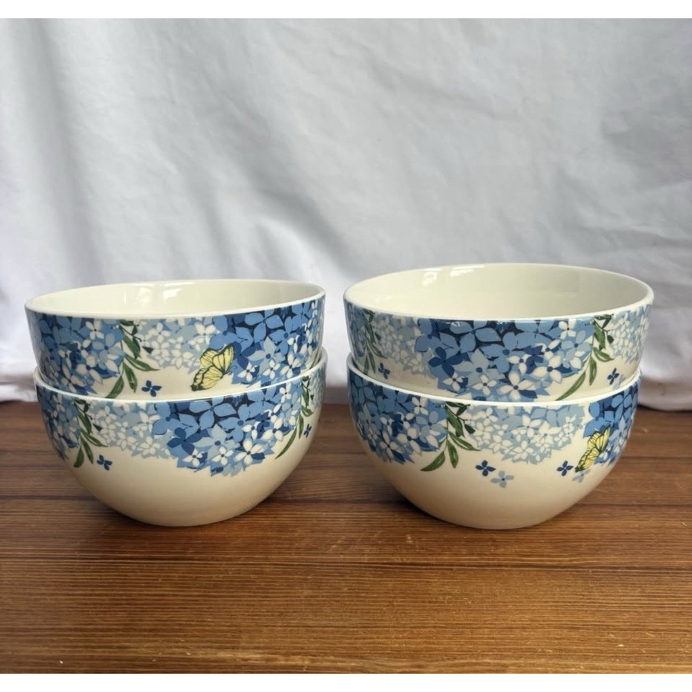 Royal Norfolk Blue Hydrangea Butterfly Floral Bowls Set of 4 Ceramic 5.5"